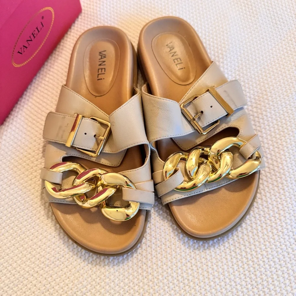 VANELI Farasy Soft Beige & Gold Chain Slide Sandals Women’s Shoes